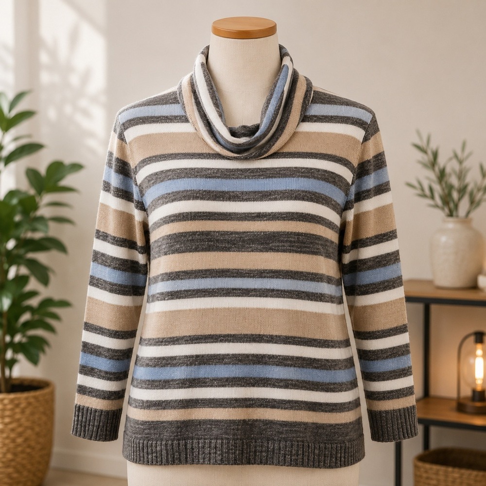 Evelyn Taylor Striped Knit Hoodie Woman 2X Brown Tan Blue Long Sleeve Pullover